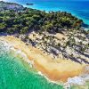 Uma vista aérea de uma ilha tropical.